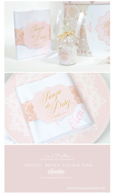 Trusou de botez clasic si elegant in nuante de alb, roz si auriu, Lacy 5